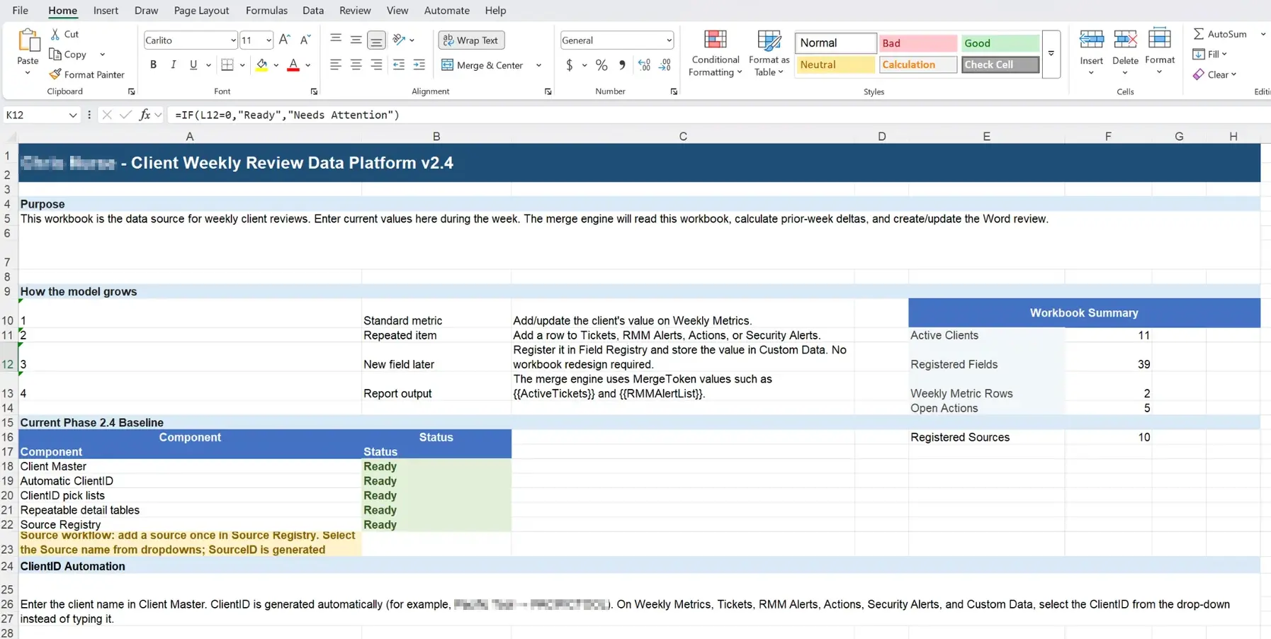 Client Weekly Review Data Platform showing workbook summary, registered fields, sources, and system health
