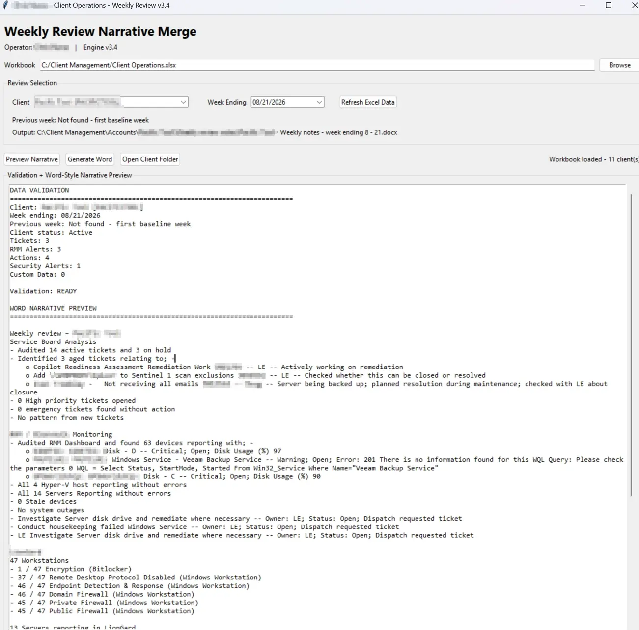Weekly Review Narrative Merge application showing data validation and Word-style narrative preview